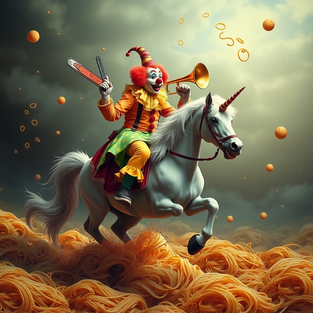 A clown riding a unicorn through a sea of spaghetti while juggling chainsaws and playing a trombone.