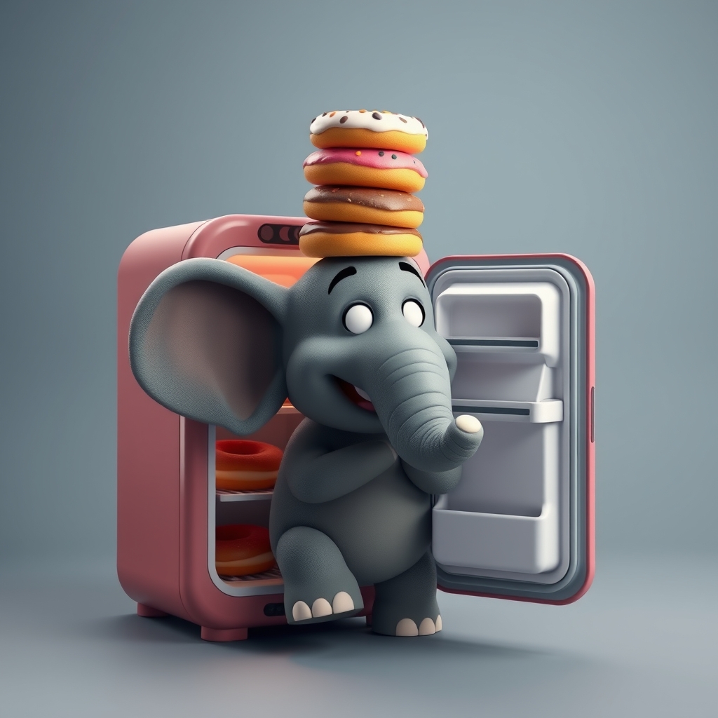 A cartoon elephant trying to squeeze into a tiny mini fridge while balancing a stack of donuts on its head.