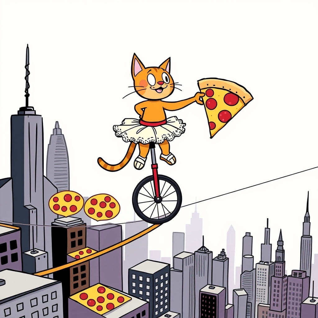 A cartoon cat wearing a tutu and ballet shoes, riding a unicycle on a tightrope above a city skyline made entirely of pizzas, with a comically large slice in hand.